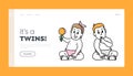 Newborn Baby Couple Landing Page Template. Little Boy or Girl in Diapers Sitting on Floor. Cute Children Characters