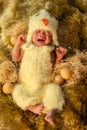 Newborn baby crying in chicken costume sleeping on fur bed Royalty Free Stock Photo