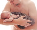 A newborn baby in dadÃ¢â¬â¢s arms is sleeping, a pacifier for babies. Happy father`s day! Happy fatherhood concept. Royalty Free Stock Photo