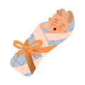 Newborn Baby Enveloped in Blanket and Tied with Ribbon Bow Yawning Vector Illustration