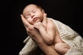 Newborn Baby on Father Hand, New Born Kid Sleeping in Man Hands Royalty Free Stock Photo