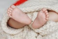 Close up of newborn baby feet covered with the blanket Royalty Free Stock Photo