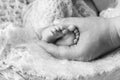 Newborn baby feet in father hands. Father holding legs of the kid in hands. Close up image.  Beautiful conceptual image of Royalty Free Stock Photo
