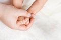 Newborn baby feet in father hands. Father holding legs of the kid in hands. Close up image.  Beautiful conceptual image of Royalty Free Stock Photo