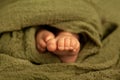 Newborn baby feet in a green wrap at natural light, closeup of tiny toes, indoor photography