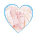 Newborn baby feet in hert. Watercolor illustration