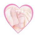 Newborn baby feet in hert. Watercolor illustration