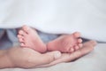 Newborn baby feet on mother hand Royalty Free Stock Photo