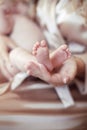 Newborn Baby feet in mother hands closeup Royalty Free Stock Photo