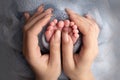 The palms of the father, the mother are holding the foot of the newborn baby. Feet of baby on the palms of the parents. Royalty Free Stock Photo