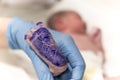 Newborn baby footprint in hospital and blue ink over Royalty Free Stock Photo