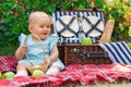 Newborn baby girl in a blue dress on a picnic. Infant toddler 9-12 months old with a basket and green apples Royalty Free Stock Photo