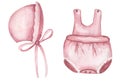 Newborn Baby Girl clipart set. Accessories for a newborn in pink for baby girl. Watercolor hand drawn children cloths