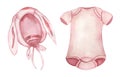 Newborn Baby Girl clipart set. Accessories for a newborn in pink for baby girl. Watercolor hand drawn children cloths