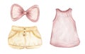 Newborn Baby Girl clipart set. Accessories for a newborn in pink for baby girl. Watercolor hand drawn children cloths