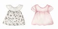 Newborn Baby Girl cute dress clipart set. Accessories for a newborn in gray and pink for baby girl. Watercolor hand drawn children