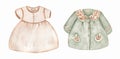 Newborn Baby Girl cute dress and coat clipart set. Accessories for a newborn in beige and green for baby girl. Watercolor hand