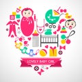 Newborn baby girl icons set Royalty Free Stock Photo