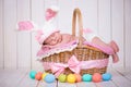 Newborn baby girl in a rabbit costume has sweet dreams on the wicker basket. Easter Holiday Royalty Free Stock Photo