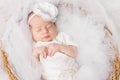 Newborn Baby Girl, Sleeping New Born Kid in White, Beautiful Infant Portrait Royalty Free Stock Photo