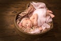 Newborn baby girl sleeping in a pink wrap with a pink flower on her head. Royalty Free Stock Photo