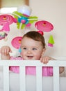 Newborn baby girl smiling with two lower teeth. Royalty Free Stock Photo