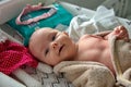 Newborn baby girl in towel after bath Royalty Free Stock Photo