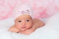 Newborn Baby Girl Wearing a Pink Flapper Style Hat Royalty Free Stock Photo