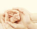 Newborn Baby Hand in Family Hands, Parents Hold Protect New Born Royalty Free Stock Photo