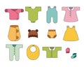 Newborn. Baby icons set. Clothing for babies. Colorful.