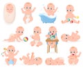 Newborn baby. Infant cute boy or girl babies, cheerful infant baby bathing, sleeping and playing activities vector