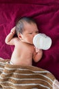 Newborn baby infant eating milk from bottle. Royalty Free Stock Photo