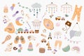 Newborn baby items cute set in flat cartoon design. Bundle of bottle, baby module, clothes, bib, pacifier, shoes, diapers, pants, Royalty Free Stock Photo