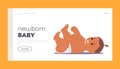 Newborn Baby Landing Page Template. Cute Child Lying on Floor Smiling and Playing. Innocent Infant Girl or Boy