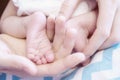 Newborn baby legs in mother`s hands, the concept of motherhood, love Royalty Free Stock Photo