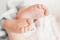 newborn baby legs. two baby feet on the background of white bed linen Royalty Free Stock Photo