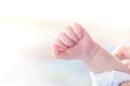 Newborn baby little hand close up in soft background with copy space Royalty Free Stock Photo