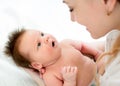 Newborn baby looking at mother