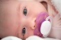 Newborn baby is lying on its side with white soother in mouth Royalty Free Stock Photo
