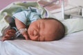 Newborn baby sleeping in hospital room after delivery. First days life of baby after birth Royalty Free Stock Photo