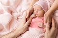 Newborn Baby Portrait in Family Hands, Sleeping New Born Kid, Parents Care Royalty Free Stock Photo