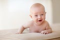 Newborn, baby or portrait on sofa for healthy childhood development, growth or learning. Infant, smile or face on