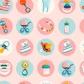 Newborn baby products seamless pattern. Round icon set in modern flat Style.