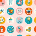 Newborn baby products seamless pattern. Round icon set in retro flat Style.