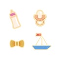 Nipple, bottle, bow and toy boat. Vector icons Royalty Free Stock Photo