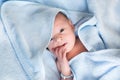 Newborn baby relaxing after a bath in blue towel Royalty Free Stock Photo
