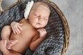 Newborn baby in a round wicker basket Royalty Free Stock Photo