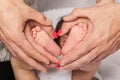 Newborn baby's feet in the hands of mom and dad, forming a heart