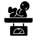 Newborn baby on scales vector icon. Black and white Baby`s weight llustration. Solid linear medical icon.