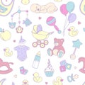 Newborn baby shower seamless pattern boy girl birthday celebration party